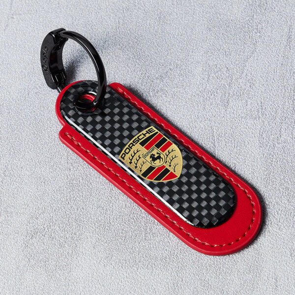 Porsche keychain leather Real Carbon Fiber With Red Color.