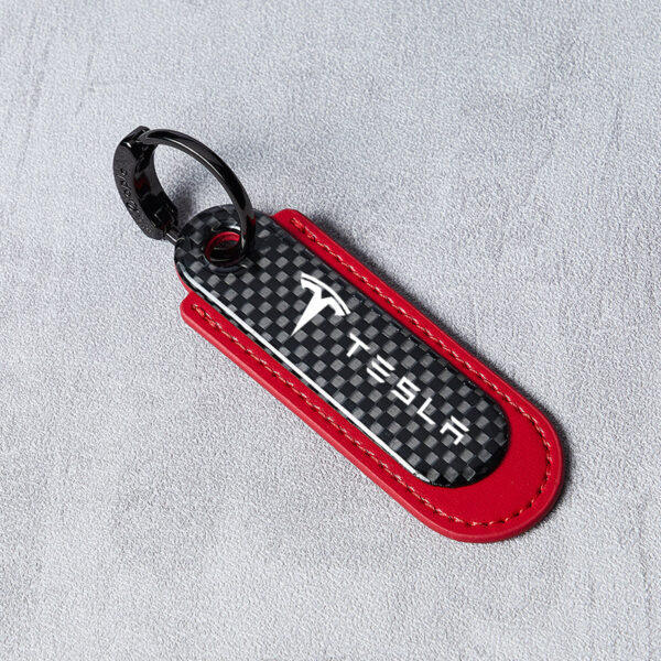 Tesla Real Carbon Fiber With Red Leather Keychain.