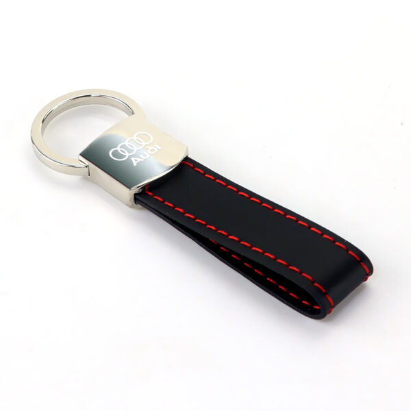 Audi Black Leather Red Stitches Metal Keychain