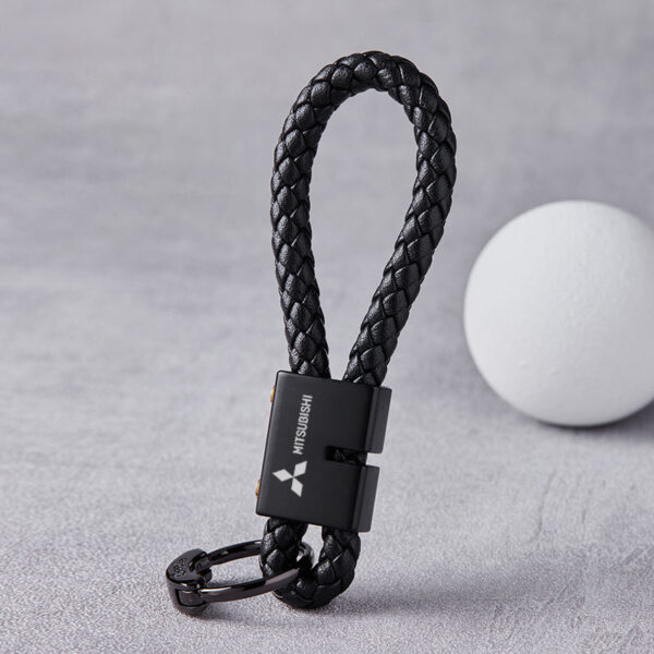 Mitsubishi Black Braided Leather Stainless Steel Keychain