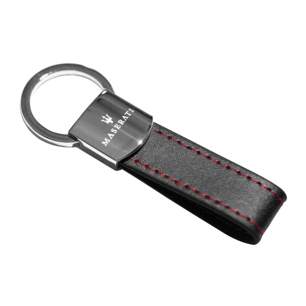 Maserati keychain with Black Leather Red Stitches Metal