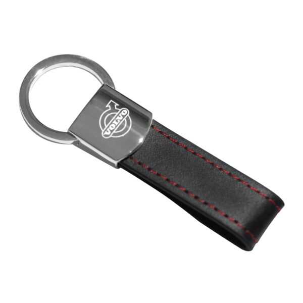 Volvo keychain Black Leather Red Stitches Metal Keychain