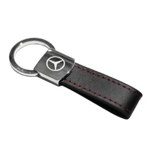 Keychain for Mercedes Benz Black Leather Red Stitches Metal