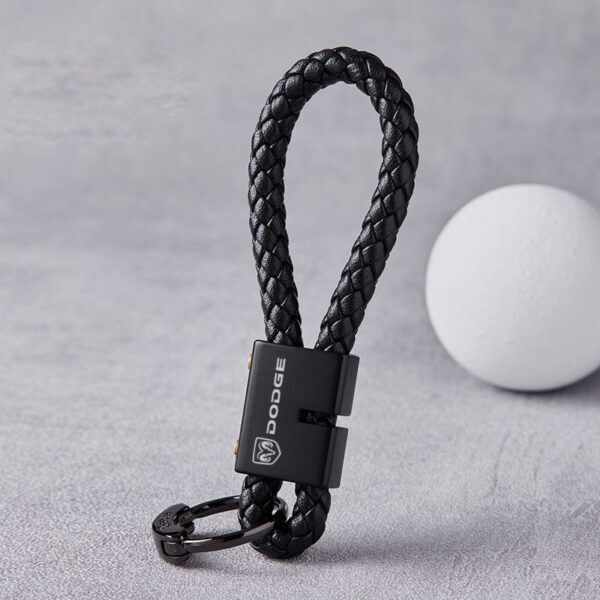 Dodge Black Braided Leather Stainless Steel Keychain