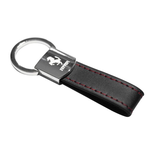 Ferrari keychain Black Leather Red Stitches Metal Keychain