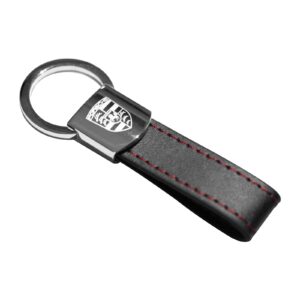 Porsche keychain metal Black Leather Red Stitches.