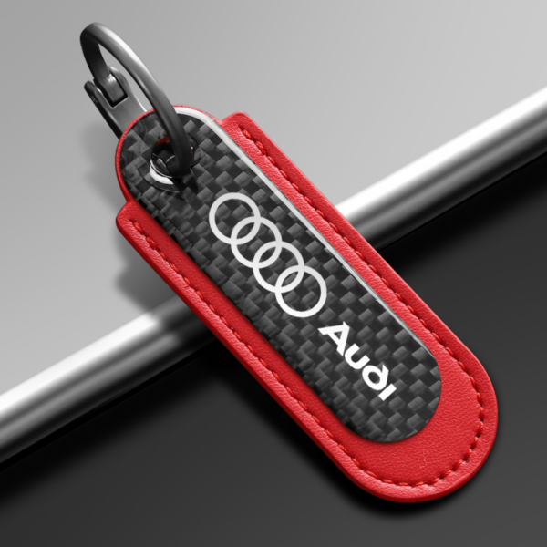 Audi Keychain - Audi Real Carbon Fiber With Red Leather Keychain.