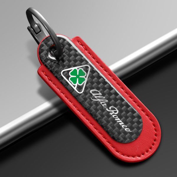 leather keychain For Alfa Romeo Quadrifoglio Carbon Fiber Red Leather Keychain.