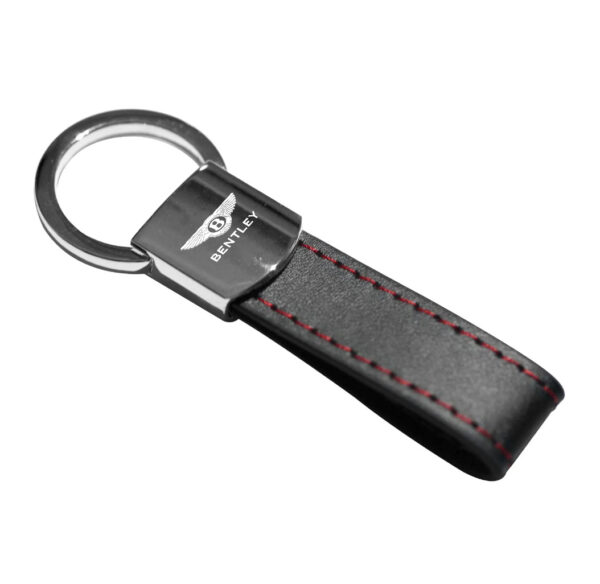 Metal Keychain- Bentley Black Leather Red Stitches